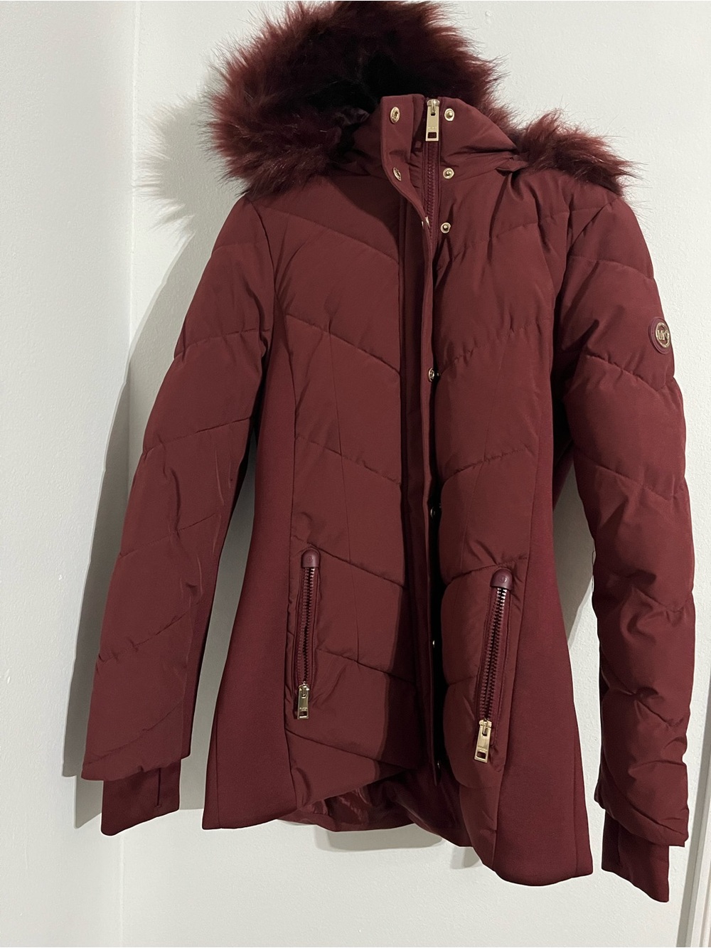 Michael Kors Burgundy Quilted Hooded Puffer Coat